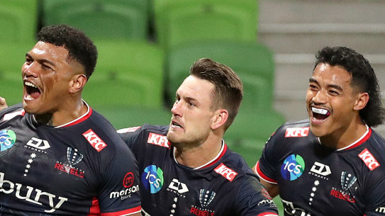MELBOURNE, AUSTRALIA - MARCH 25: Vaiolini Ekuasi of the Rebels celebrates during the round five Super Rugby Pacific match between Melbourne Rebels and Queensland Reds at AAMI Park, on March 25, 2023, in Melbourne, Australia. (Photo by Kelly Defina/Getty Images)