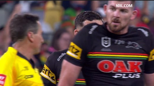 Penrith forward Matt Eisenhuth was warned about illegal blocking by referee Gerard Sutton early in the Rabbitohs victory over the Panthers.