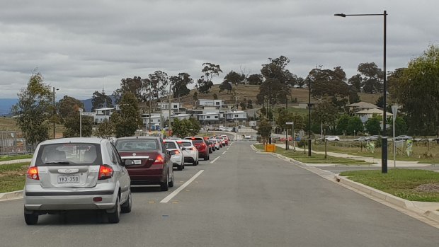 A lengthy traffic queue on Bettong Avenue in Throsby on Wednesday morning.