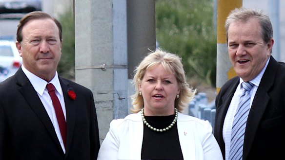 The class of 2012: Cranbourne councillors. Left to right, Geoff Ablett, Amanda Stapledon and Gary Rowe.  All have been mentioned in the IBAC hearing.
