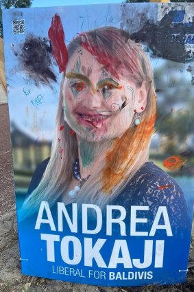 Liberals candidate Andrea Tokaji's defaced sign in Baldivis