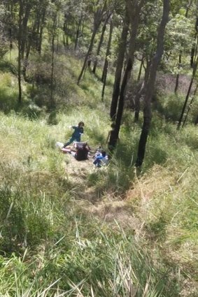 The injured woman was administered pain relief, moved on to the stretcher and then had to be carried 50 metres back up the steep and rocky terrain.