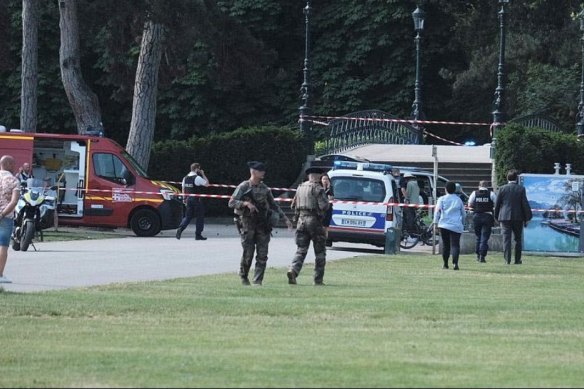 Emergency personnel at the scene of a mass stabbing in Annecy, France on Thursday.