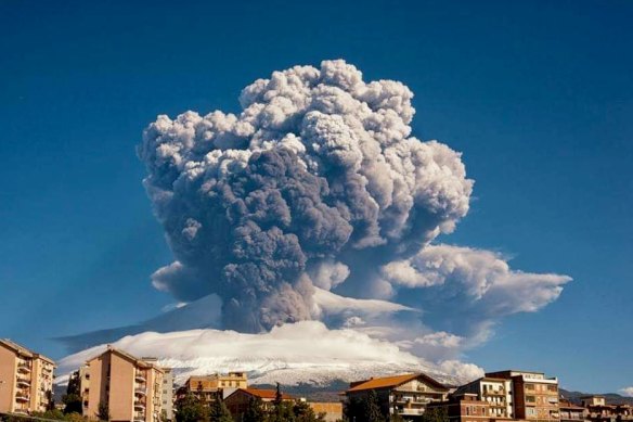 Smoke billows from Sicily’s Mount Etna, Europe’s most active volcano, in February, 2021. 