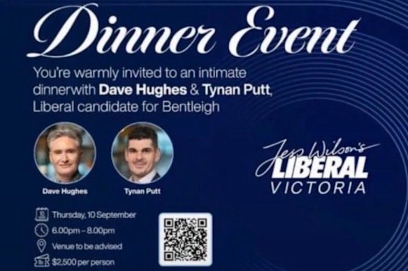 Hughes appeared on advertising material alongside Bentleigh candidate Tynan Putt for a $2500 a head fundraiser. 