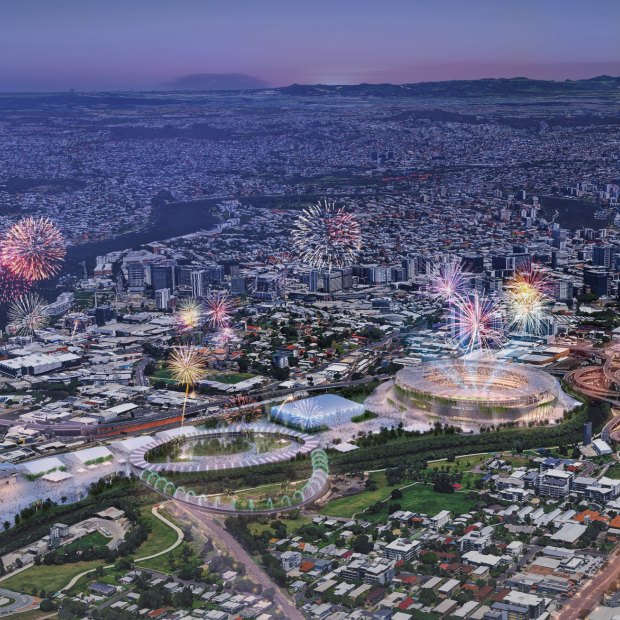Artists’ impression of Wilkinson Eyre’s proposal for an Olympic stadium at the Mayne rail stabling yards.