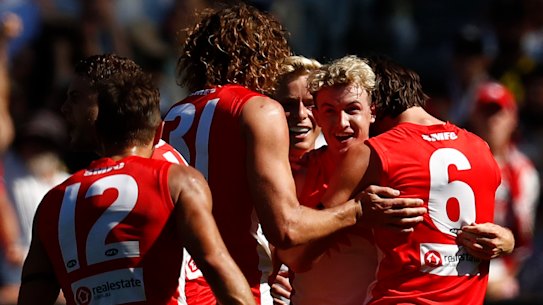 Young gun Chad Warner celebrates a goal during the Swans’ rout of Richmond at the MCG.
