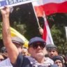 Alan Yazbek, owner of Sydney restaurant Nomad and Melbourne restaurant Reine & La Rue, at the pro-Palestine rally in Sydney on Sunday.