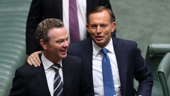 Winners are grinners: Christopher Pyne with Tony Abbott at the end of 2014.