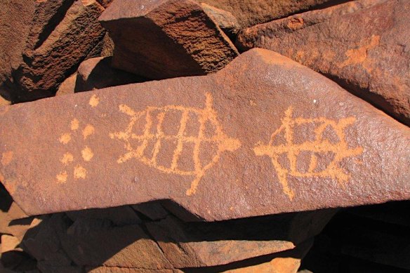 Rock carvings on the Burrup Peninsula, near Karratha, Western Australia.
