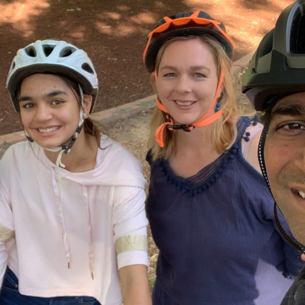 Anisha Digumarti, 10; Ishika Digumarti, 12; Michaela Sargent and Rama Digumarti, an Indooroopilly family who have been out cycling since the pandemic began.