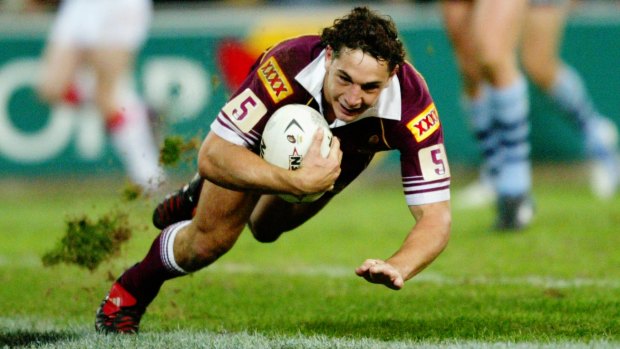A star is born: Billy Slater crosses for a try in game II of the 2004 State of Origin series.