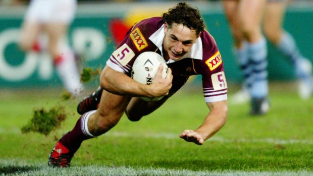 A star is born: Billy Slater crosses for a try in game II of the 2004 State of Origin series.
