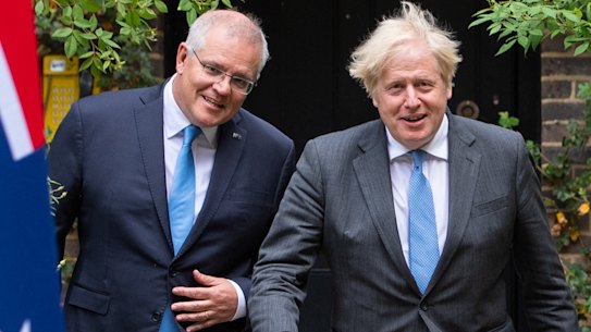 Scott Morrison and Boris Johnson in June this year when they agreed on the broad principles of the Australia-UK free trade agreement.