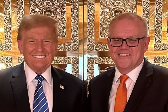 Shame about the “pile-on”: Donald Trump with Scott Morrison at the former president’s penthouse apartment in Trump Tower.
