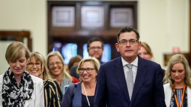 Victorian Premier Daniel Andrews and the late minister for the prevention of family violence Fiona Richardson, left, at the release of the royal commission report.