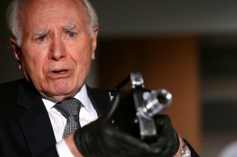 John Howard shows the camera used by Robert Menzies to capture footage of Winston Churchill in 1941.