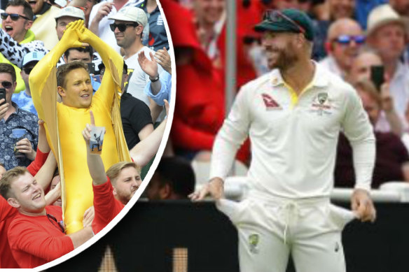 Nothing to see here: David Warner plays up to the Edgbaston crowd taunting him over the sandpaper affair during last year's Ashes campaign.