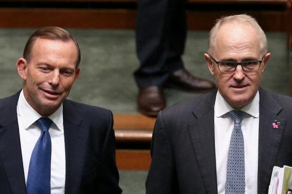 Tony Abbott and Malcolm Turnbull arrive for Question Time at Parliament House in 2015.