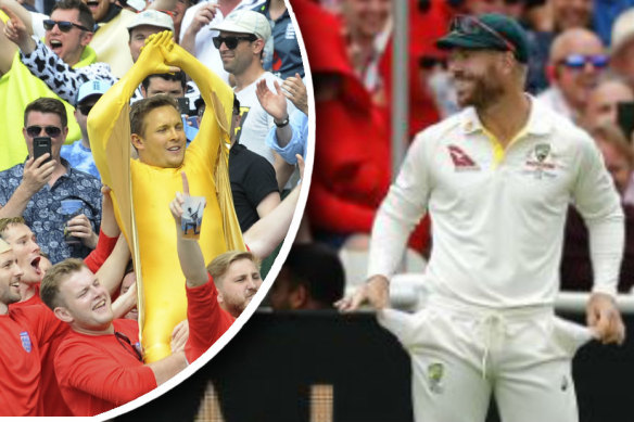 Nothing to see here: David Warner plays up to the Edgbaston crowd taunting him over the sandpaper affair during the 2019 Ashes campaign.