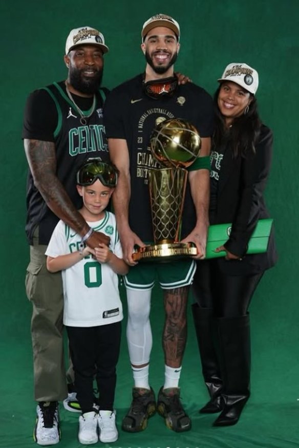 Justin Tatum (left) with son Jayson Tatum, Deuce Tatum (front) and Brandy Cole, after the Boston Celtic’s NBA Championship win in 2024.