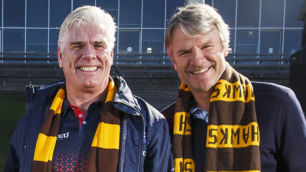 Andy Gowers, right, with 1991 Hawks premiership teammate Gary Ayres. Ayres endorsed Gowers for president at the online rally on Sunday. 