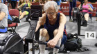 Richard Morgan competes in an indoor rowing competition in 2018.