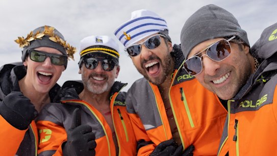 Cory Michael Smith as Venis, Steve Carell as Randall, Ramy Youssef as Jeff, and Jason Schwartzman as Hugo in Mountainhead.