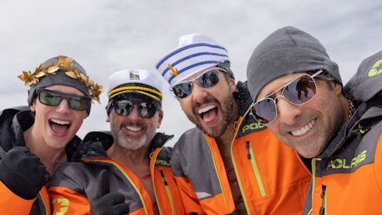 Cory Michael Smith as Venis, Steve Carell as Randall, Ramy Youssef as Jeff, and Jason Schwartzman as Hugo in Mountainhead.