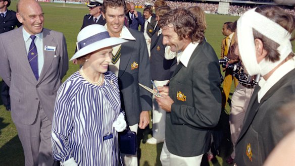 Dennis Lillee meets Queen Elizabeth II during the Centenary Test in 1977 – and asks for an autograph.