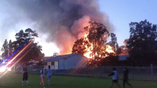 The blaze which engulfed a building at Corrimal High School early on Saturday.
