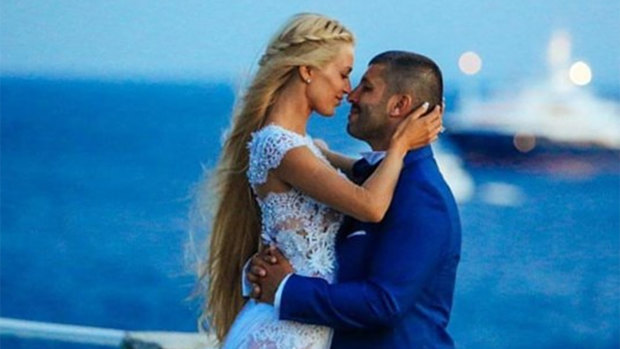 John Macris and Viktoria Karyda on their wedding day in Mykonos.