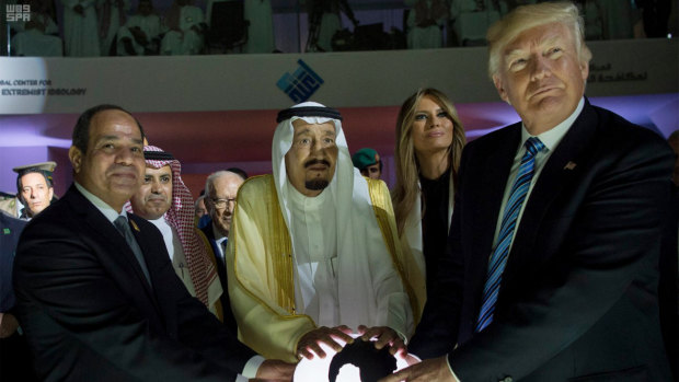 From left: Egyptian President Abdel Fattah al-Sissi, Saudi King Salman, US first lady Melania Trump and President Donald Trump, visit a new Global Centre for Combating Extremist Ideology in Riyadh, Saudi Arabia, last year.