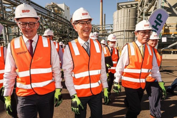 Before the current standoff: Prime Minister Anthony Albanese (left) next to BHP chief executive Mike Henry (second from left) at BHP’s Kwinana nickel refinery in October 2022.