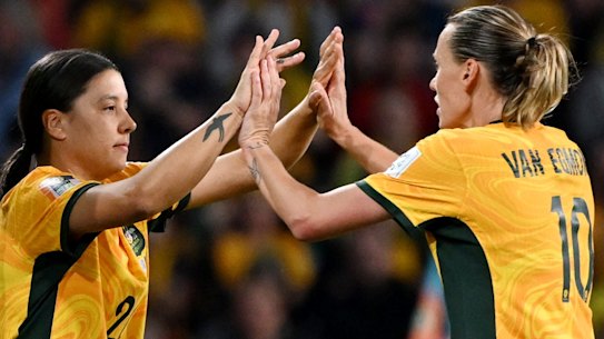 Emily van Egmond with Sam Kerr during the Matildas’ World Cup quarter-final win over France in Brisbane.