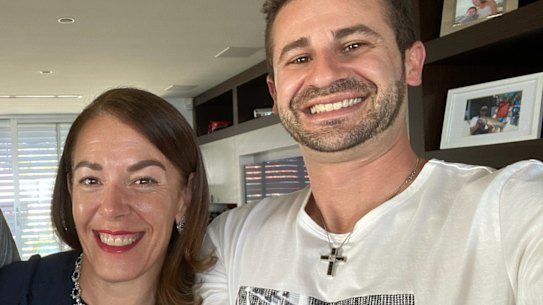 Melissa Caddick and Anthony Koletti sporting his and hers diamond sapphire jewellery purchased by Caddick with stolen funds.