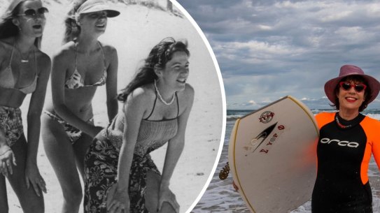 Author Kathy Lette, at Elouera Beach, Cronulla, and a scene from the film, Puberty Blues.  
