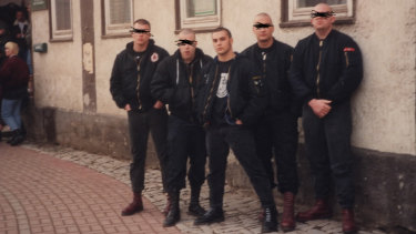 Picciolini (centre) with his band, Final Solution. They were performing in Weimar, Germany, in the 1990s.