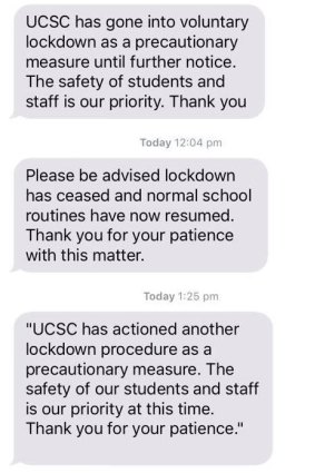 Messages sent to parents after a Gold Coast school went into lockdown twice on June 12, 2018.