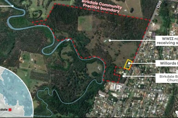 A map shows the 62 hectares of land at Birkdale on Old Cleveland Road that will become a 2032 Games  venue, plus a South Bank-styled parkland.