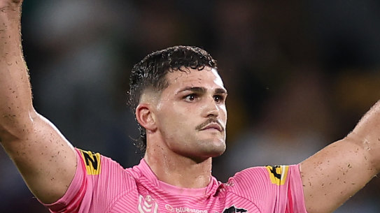 Nathan Cleary after kicking a two-point field-goal against Parramatta earlier in the year.