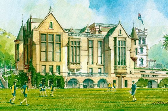 An artist’s impression of The Scots College’s proposed $29 million Stevenson Library makeover in Scottish baronial style.