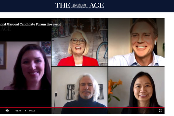 The Age city editor, Bianca Hall was joined by the candidates vying to be lord mayor: incumbent Sally Capp, Arron Wood, Phil Reed and Jennifer Yang.