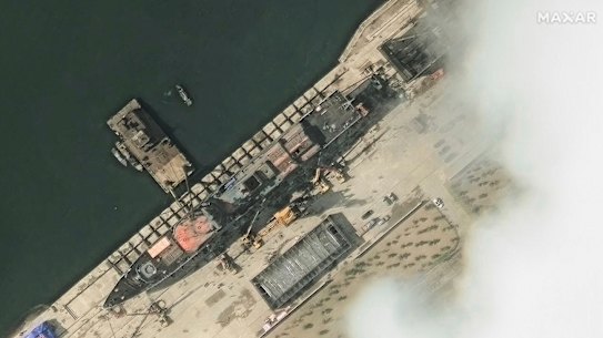 CORRECTS SOURCE- This satellite image provided by Maxar Technologies shows North Korea’s new naval destroyer on May 18, 2025, in Chongjin, North Korea.  (Maxar Technologies via AP)