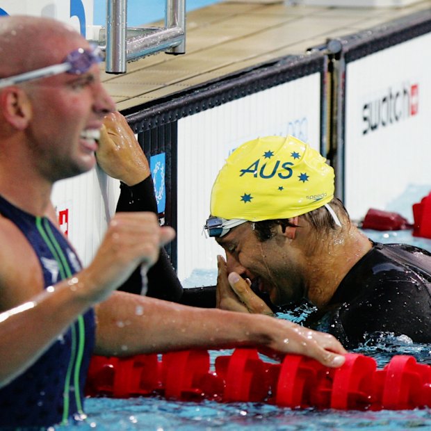Ian Thorpe appears to shed a tear after his victory in the 400m freestyle in Athens. 