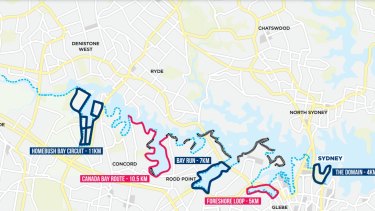 The blue dotted line shows the current foreshore route from Woolloomooloo to West Concord, while the black line shows areas of the foreshore that are currently restricted access. 