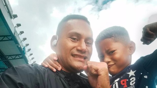 Middleweight boxer Fiu Tui with his son Joseph, who is living in Fiji.