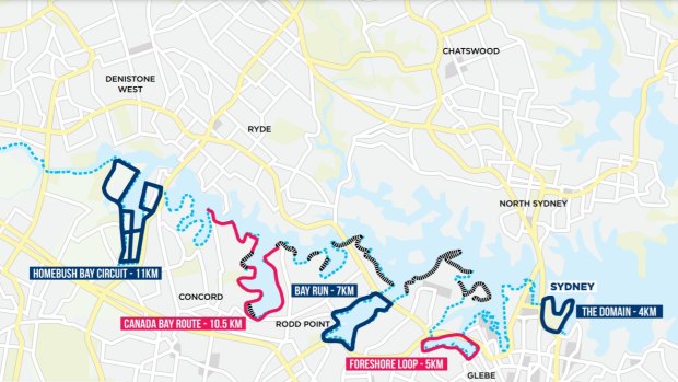The blue dotted line shows the current foreshore route from Woolloomooloo to West Concord, while the black line shows areas of the foreshore where access is presently restricted. 
