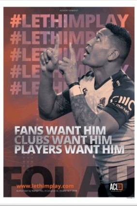 A full page ad supporting Israel Folau in the Daily Telegraph, paid for by the Australian Christian Lobby.