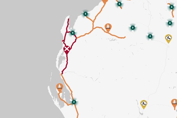 Main Roads travel map shows roads into Exmouth have been closed. 